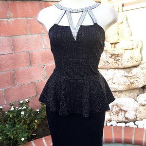 IPONA Sparkly Peplum Short Dress  Necklace Stones Flared Bodycon Cocktail Blk M